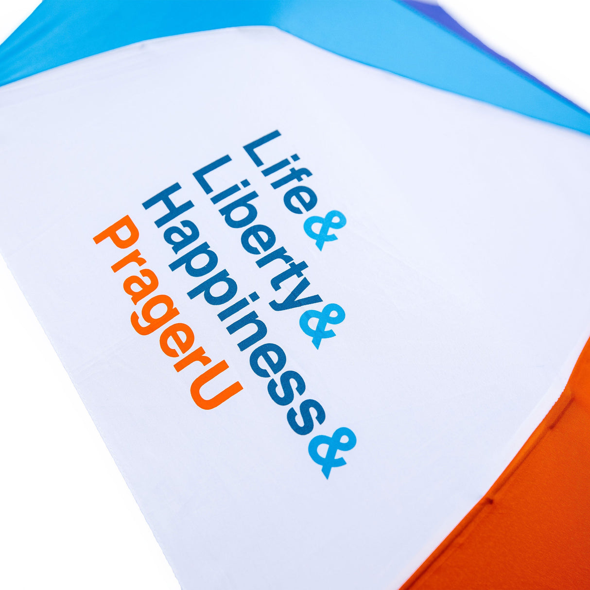 PragerU umbrella set featuring "Life, Liberty & Happiness" quote and logo, with two black umbrellas showcasing PragerU branding.
