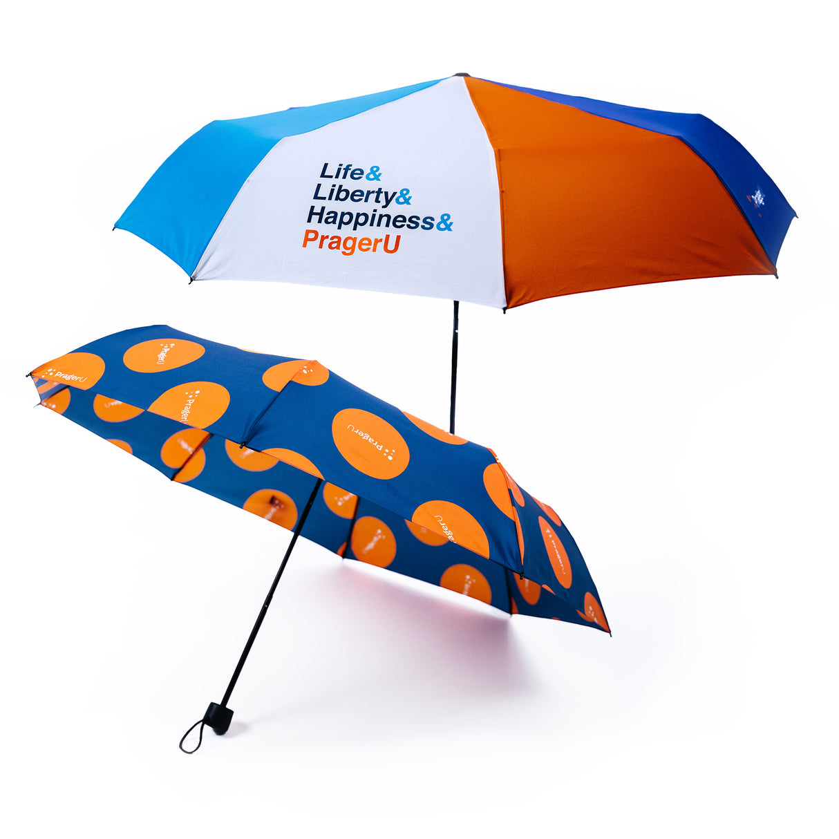PragerU umbrella set with "Life, Liberty & Happiness" slogan and logo, featuring two black umbrellas with colorful design accents.