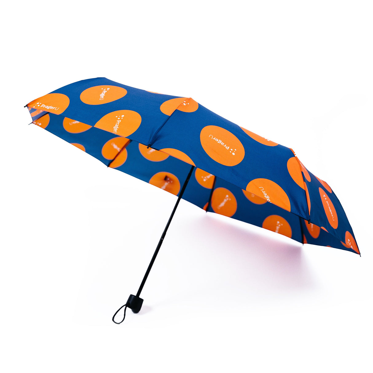 PragerU umbrella set featuring two black umbrellas with "Life, Liberty & Happiness" and PragerU logo printed on the canopy.