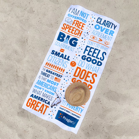 PragerU beach towel featuring vibrant design, made for comfortable lounging at the beach or poolside.
