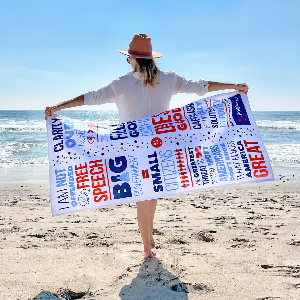 PragerU beach towel with vibrant logo and design, perfect for lounging at the beach or poolside.