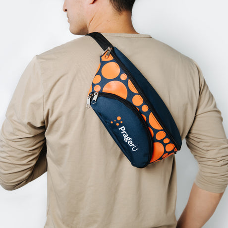 PragerU sling bag fanny pack with adjustable strap, black fabric, compact design, perfect for casual wear and hands-free convenience.
