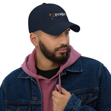 PragerU baseball hat with adjustable strap, featuring the PragerU logo on front, made of durable fabric for casual wear.