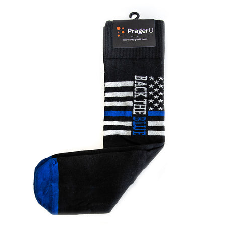 PragerU Back The Blue Socks featuring blue and white striped design with police support message.