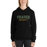 Black PragerU sweatshirt with a comfortable hoodie and front pocket, featuring the PragerU logo on the chest.