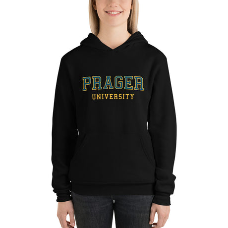Black PragerU sweatshirt with a comfortable hoodie and front pocket, featuring the PragerU logo on the chest.