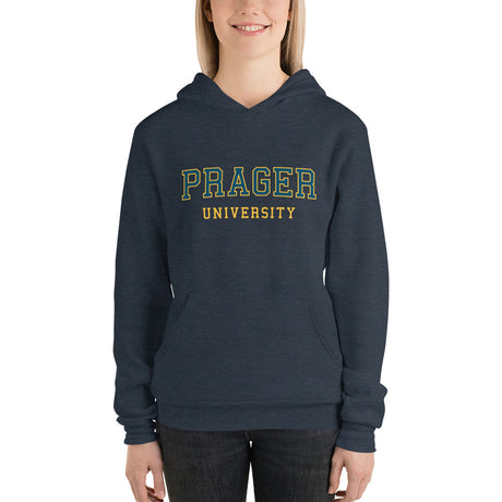 Black PragerU sweatshirt with a hood, featuring the PragerU logo on the front, made of soft comfortable fabric.