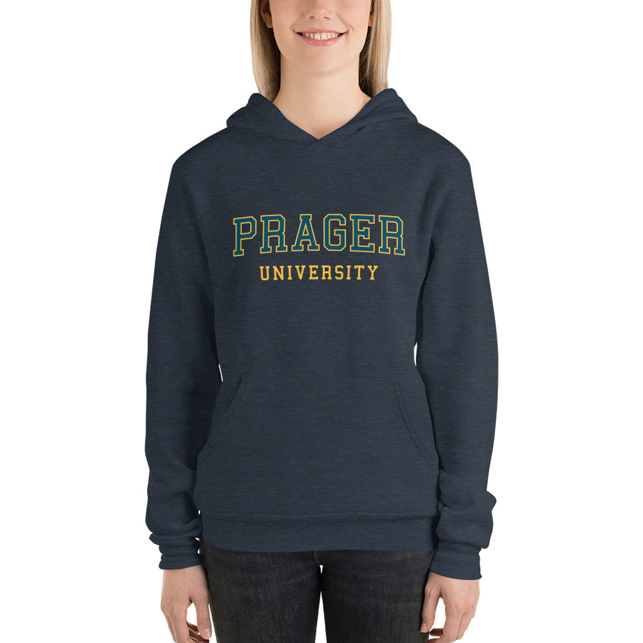 Black PragerU sweatshirt with a hood, featuring the PragerU logo on the front, made of soft comfortable fabric.
