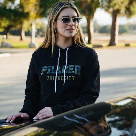 Black PragerU sweatshirt with a comfortable fit, featuring the PragerU logo on the front, ideal for casual wear.
