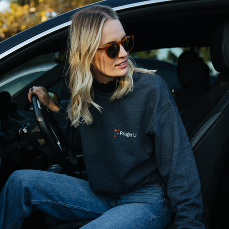 Black PragerU logo sweatshirt showing the front view with a prominent white PragerU logo on the chest.
