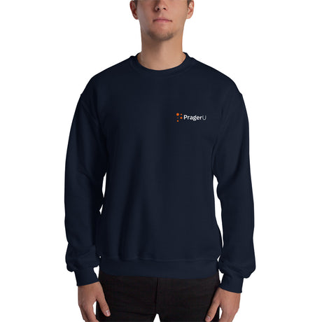 Black PragerU sweatshirt with white logo, featuring a comfortable crewneck design and casual fit.