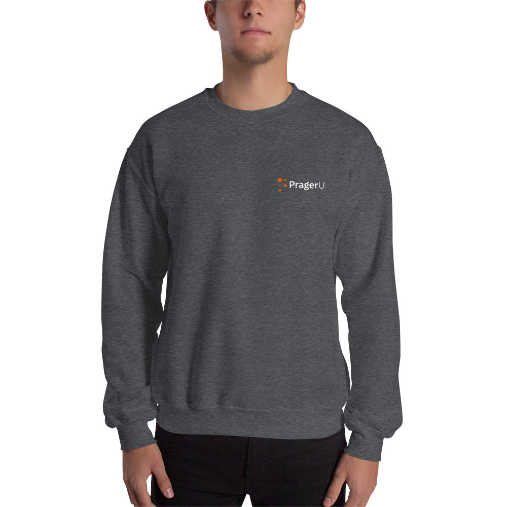 Black PragerU sweatshirt with white logo, casual crewneck design, made from soft fabric for comfortable everyday wear.