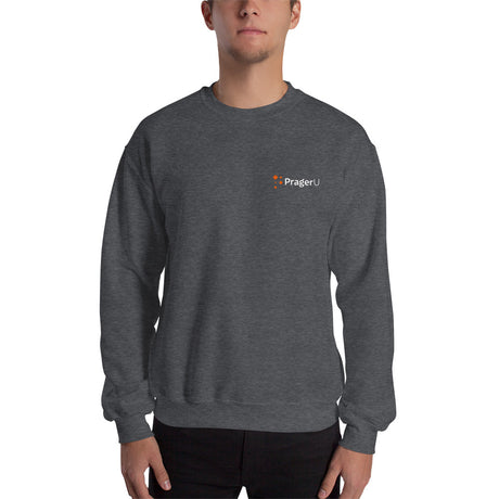 Black PragerU sweatshirt with white logo, casual crewneck design, made from soft fabric for comfortable everyday wear.
