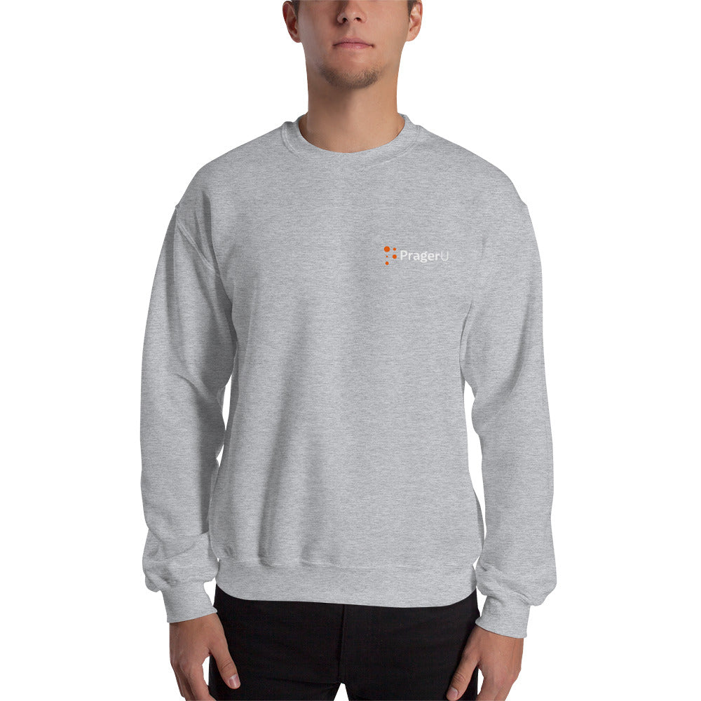 Black PragerU sweatshirt with white logo front view, casual unisex design for comfortable everyday wear.
