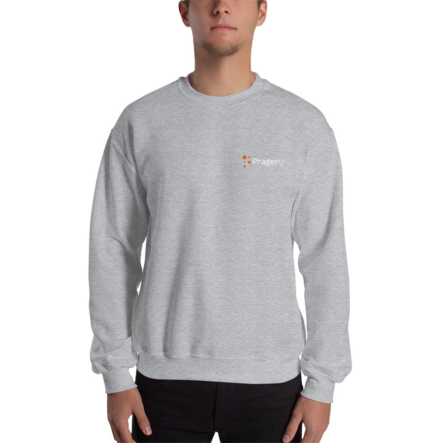 Black PragerU sweatshirt with white logo front view, casual unisex design for comfortable everyday wear.
