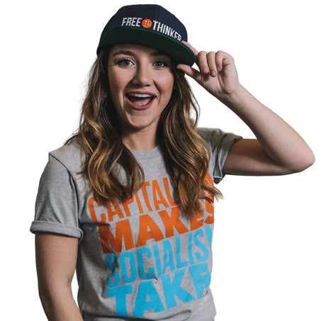 PragerU Capitalism Makes... T-Shirt in athletic heather, XS, featuring bold text on a casual cotton T-shirt.