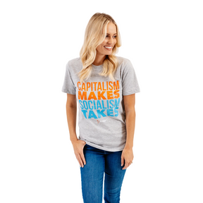 PragerU Capitalism Makes... T-Shirt in athletic heather fabric, XS size, featuring bold text and casual fit.