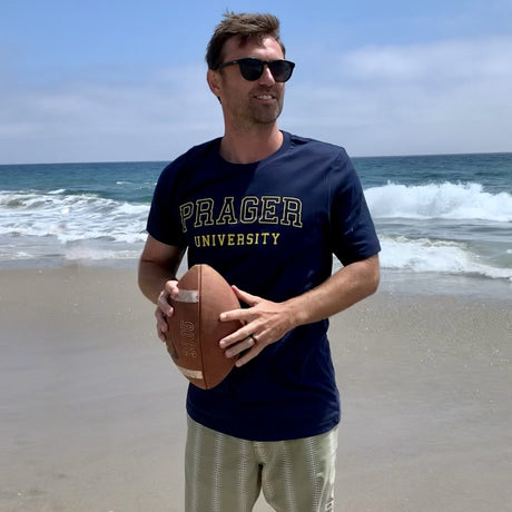 Navy PragerU College T-Shirt for men, small size, featuring the PragerU logo on the front, made of soft cotton fabric.