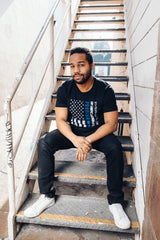 Blue distressed flag T-shirt by PragerU with Thin Blue Line design, featuring a worn, vintage-style American flag graphic.