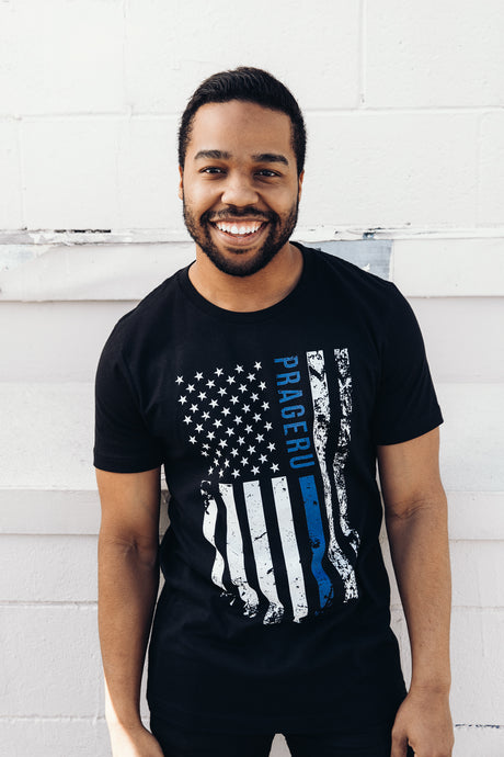 PragerU Thin Blue Line distressed flag T-shirt showing a blue line across a weathered American flag design.