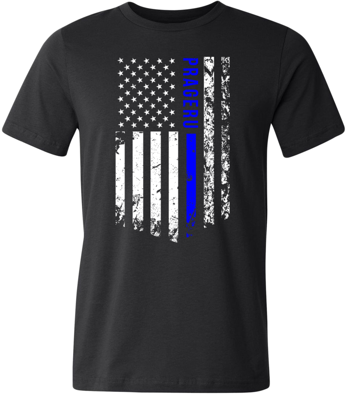 PragerU Thin Blue Line distressed flag T-shirt featuring a blue line design on a black shirt, casual and patriotic apparel.
