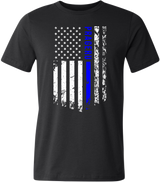 PragerU Thin Blue Line distressed flag T-shirt featuring a blue line design on a black shirt, casual and patriotic apparel.