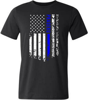 PragerU Thin Blue Line distressed flag T-shirt featuring a blue line design on a black shirt, casual and patriotic apparel.