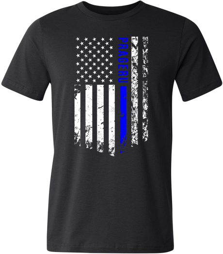 PragerU Thin Blue Line distressed flag T-shirt featuring a patriotic blue line design on soft fabric.