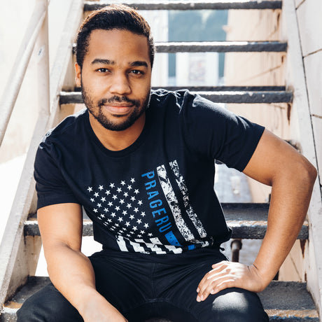 PragerU Thin Blue Line distressed flag shirt and hat bundle, casual T-shirt with blue line design and matching hat.