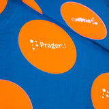 PragerU logo umbrella open, showing black canopy with white PragerU logo, designed for rain protection and style.