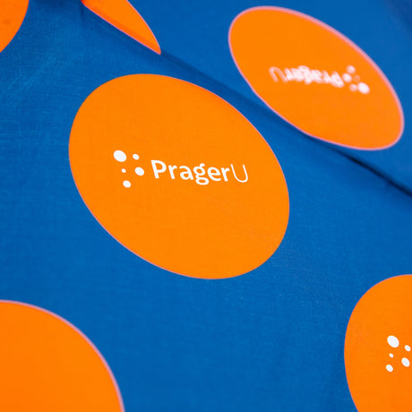 PragerU logo umbrella open, showing black canopy with white PragerU logo, designed for rain protection and style.